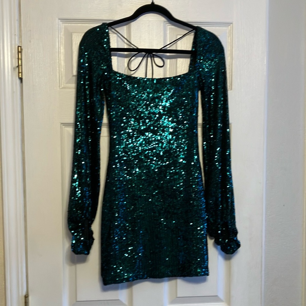 Lucy in the Sky dark green sequined mini bodycon long sleeved homecoming dress